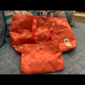 Coach peach/apricot tote bag and self storing pouch